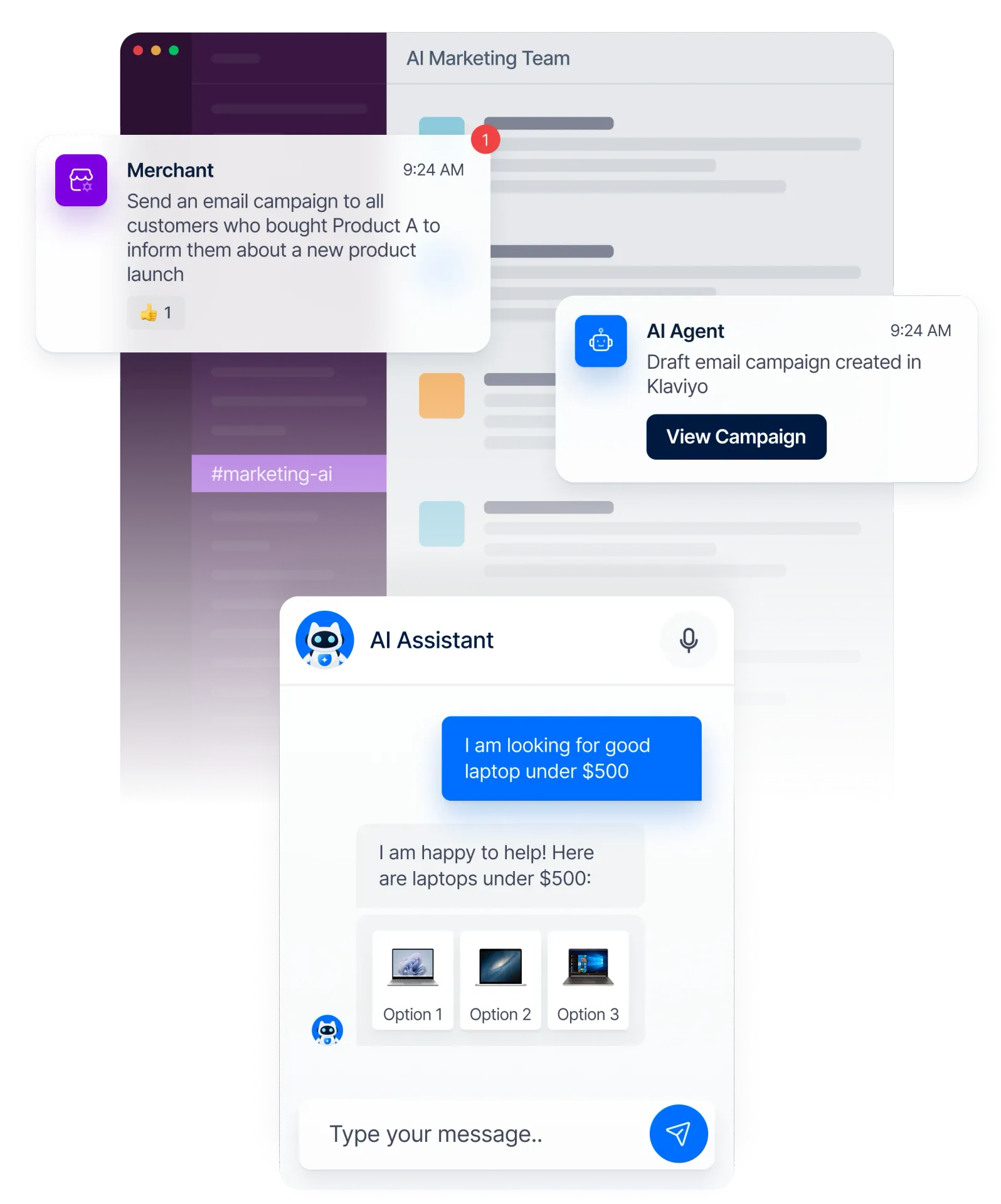 Illustration of an AI assistant chatting with a user, showing product suggestions and automated notifications for email campaigns.