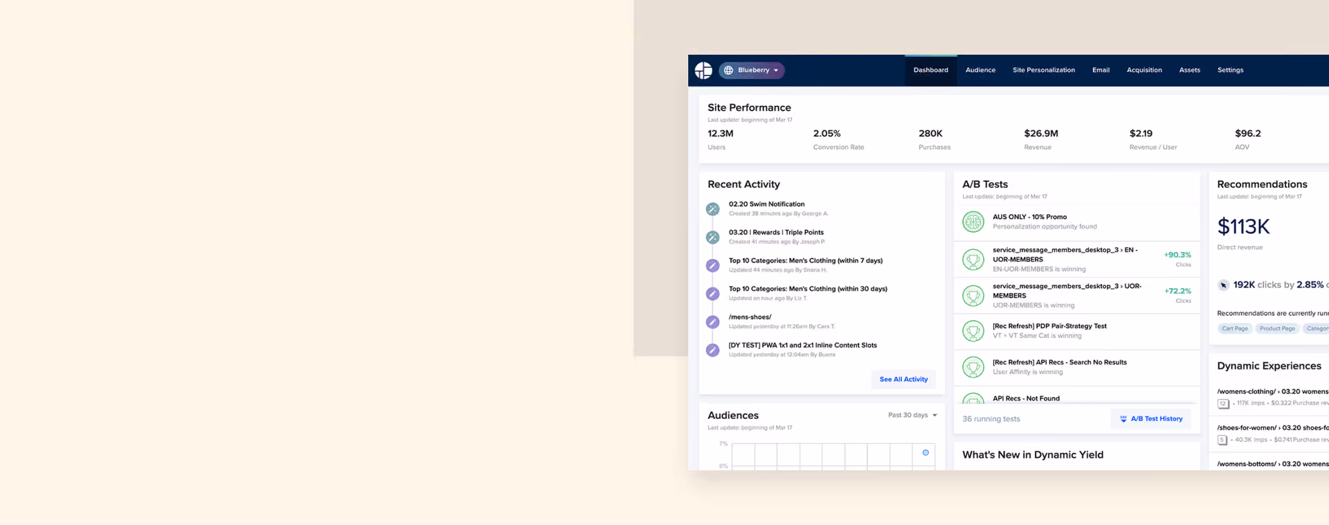E-commerce dashboard with analytics, recommendations, and A/B testing results.
