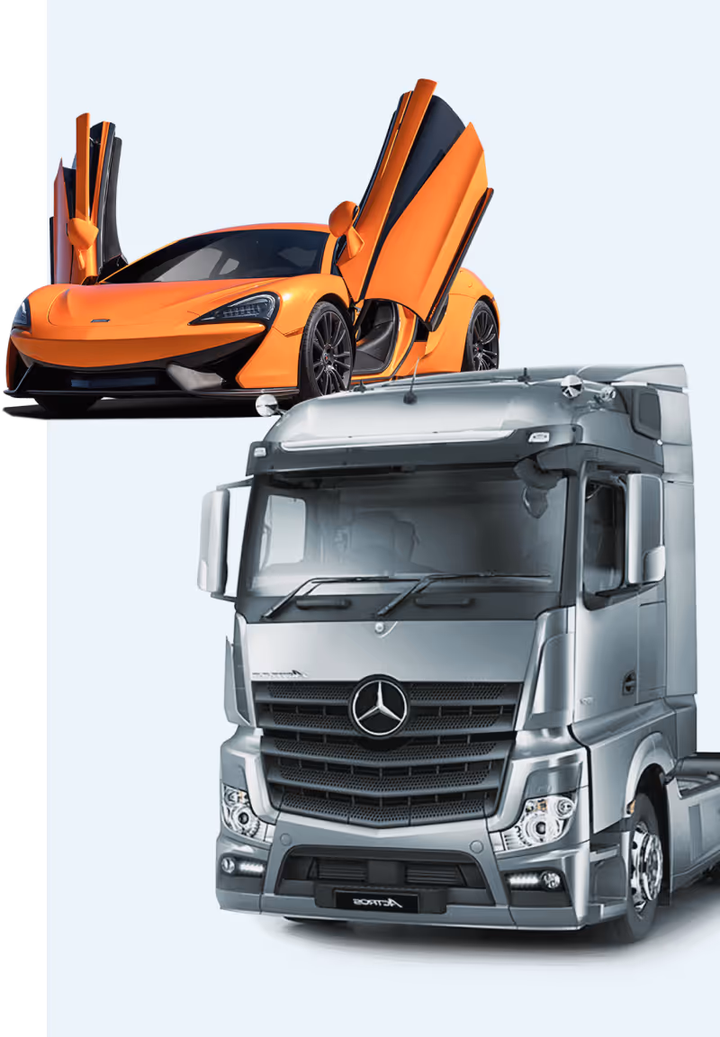 Orange sports car with butterfly doors open positioned above a silver Mercedes-Benz Actros truck.