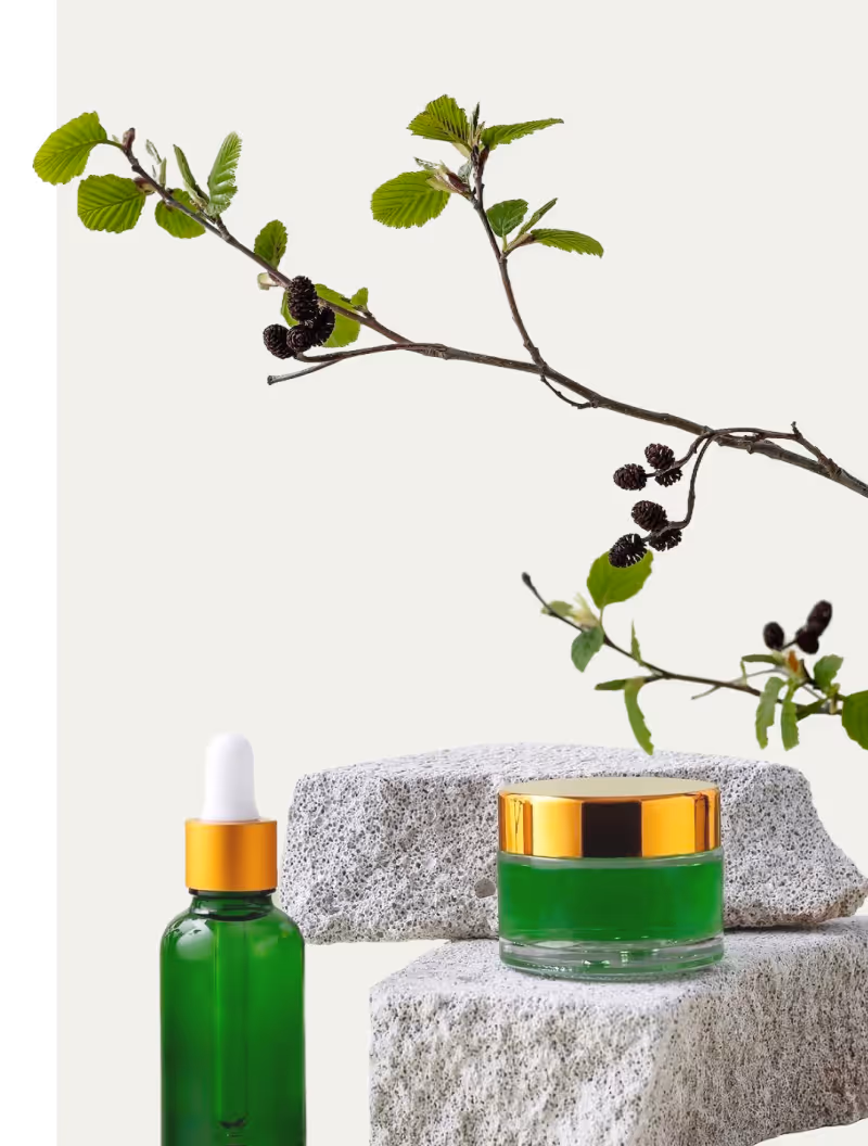Green glass serum bottle with gold dropper and green jar with gold lid on stone blocks, with leafy branch overhead.