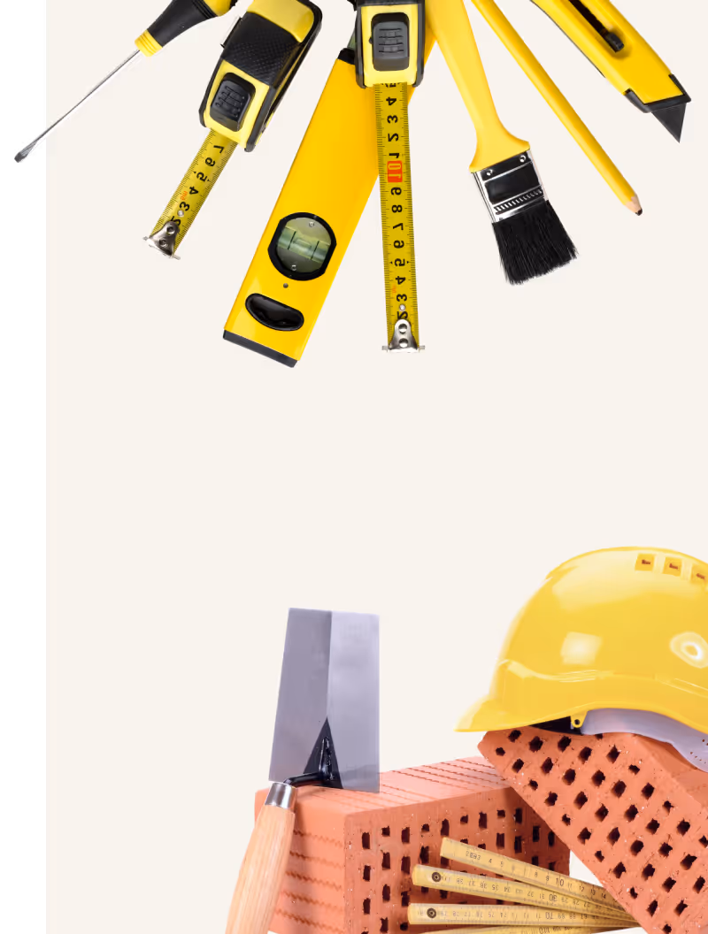 Construction tools including a screwdriver, tape measures, level, paintbrush, pencil, folding ruler, trowel, bricks, and a yellow safety helmet.