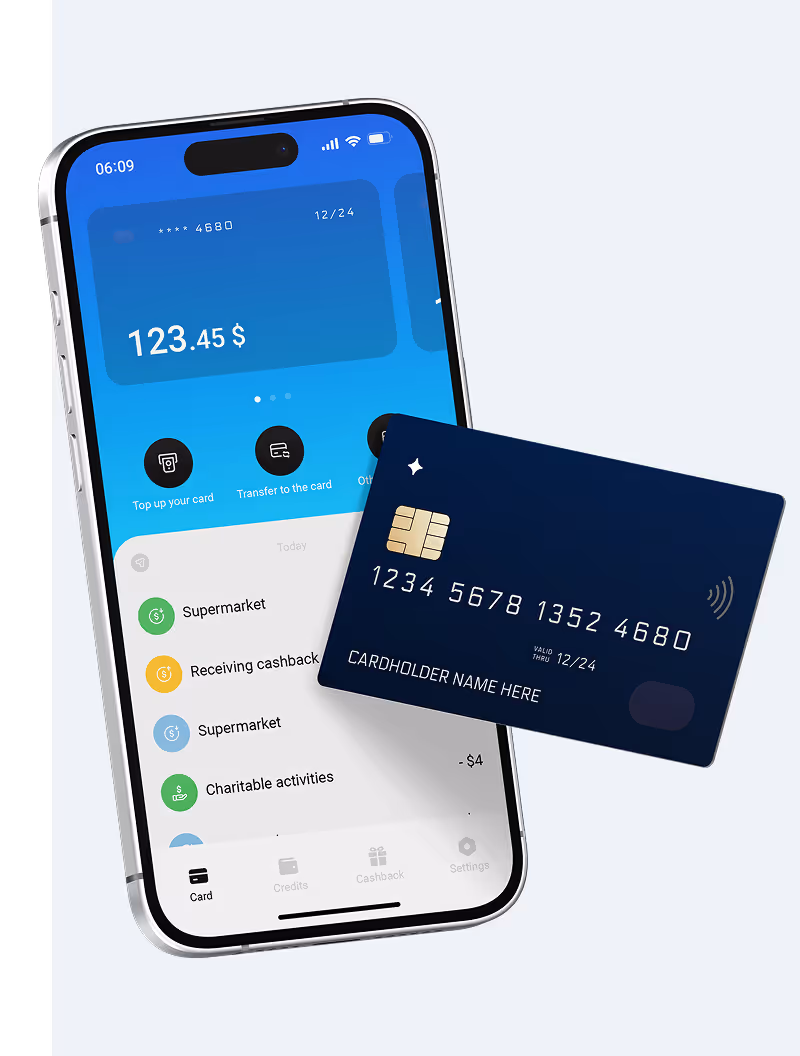 Smartphone displaying a finance app showing balance and transactions with a blue credit card beside it.